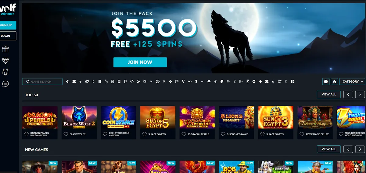 Wolf Winner desktop lobby with the $5500 welcome banner, game search bar and the Top 50 pokies row
