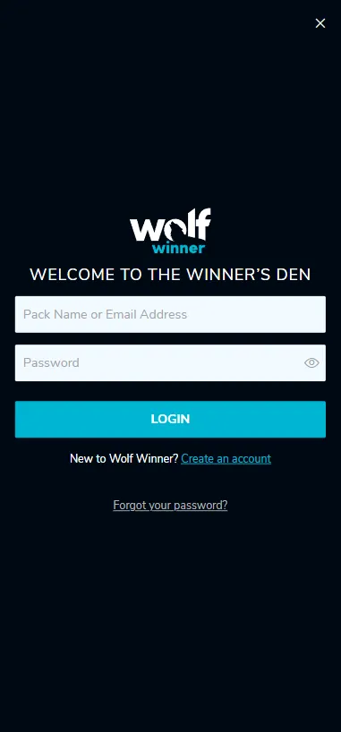 Wolf Winner mobile login screen with a Pack Name or Email field, password field and Login button