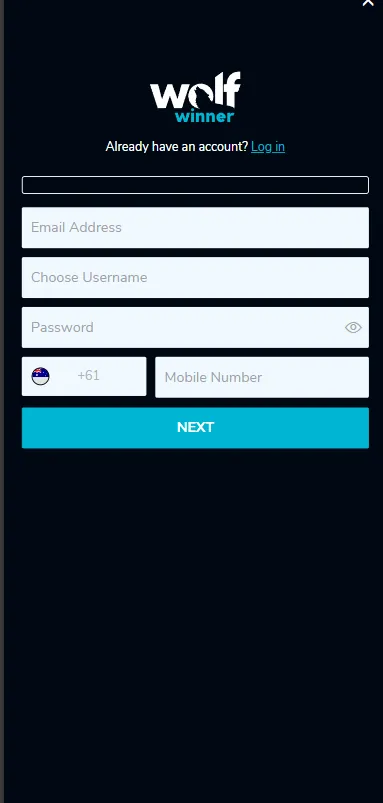 Wolf Winner mobile registration form with email, username, password and phone number fields and a Next button