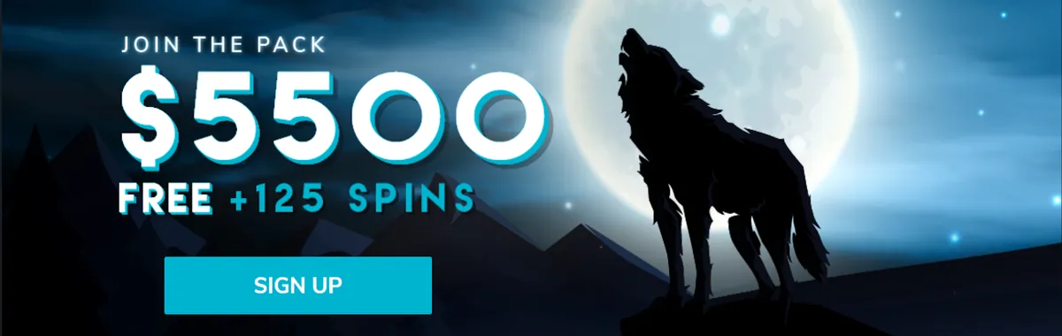 Welcome banner reading Join the pack, $5500 and 125 free spins, with a wolf howling at a full moon